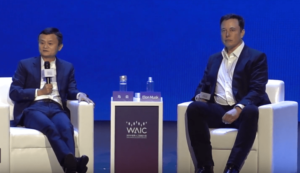 Elon Musk and Jack Ma discussing AI,  Jobs, and education at the World Artificial Intelligence Conference in Shanghai.
